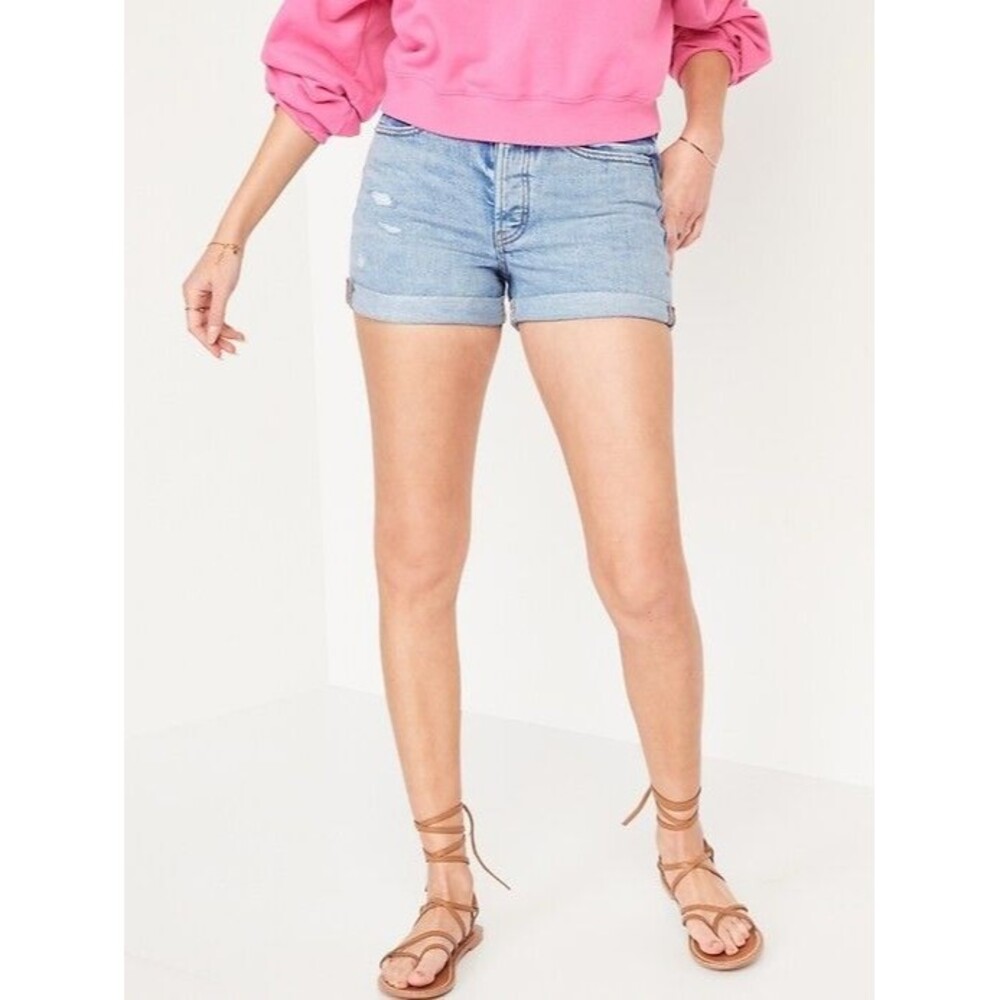 Old Navy Button-Fly OG Straight Cuffed Jean Shorts Womens 6 Blue Distressed NEW